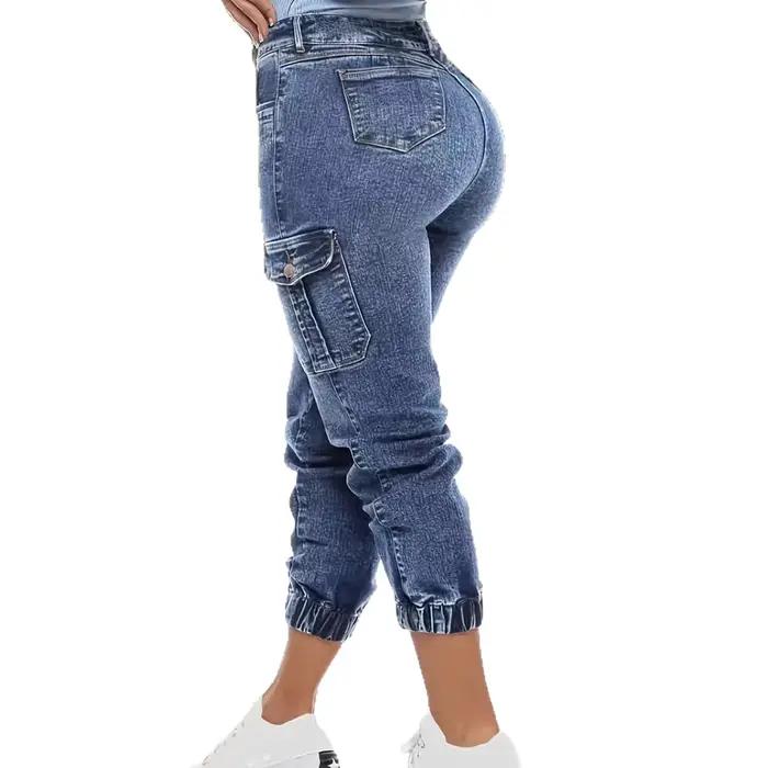 Femmes jean Streetwear poches épissé crayon pantalon coupe ajustée trous en détresse