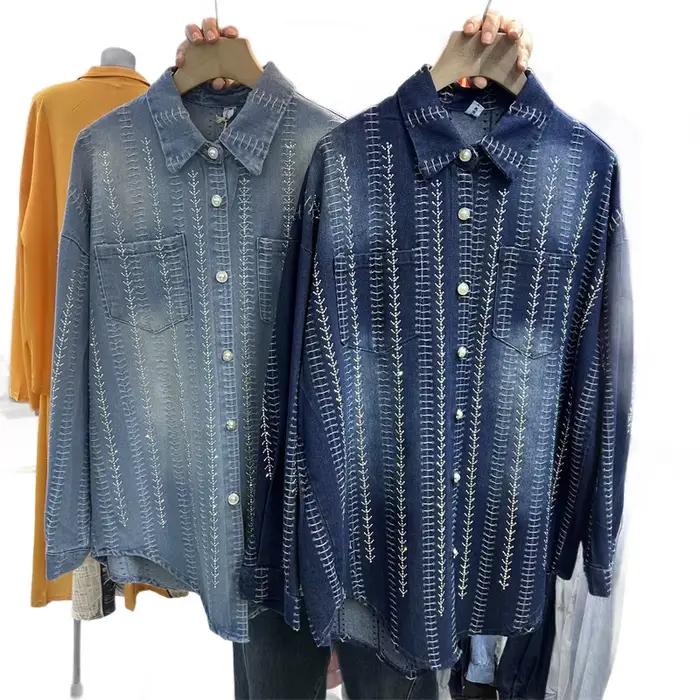 Chemise en jean bleu brodée style rétro décontracté pour femme junior printemps été 2026 coupe ample col polo occassions décontractées