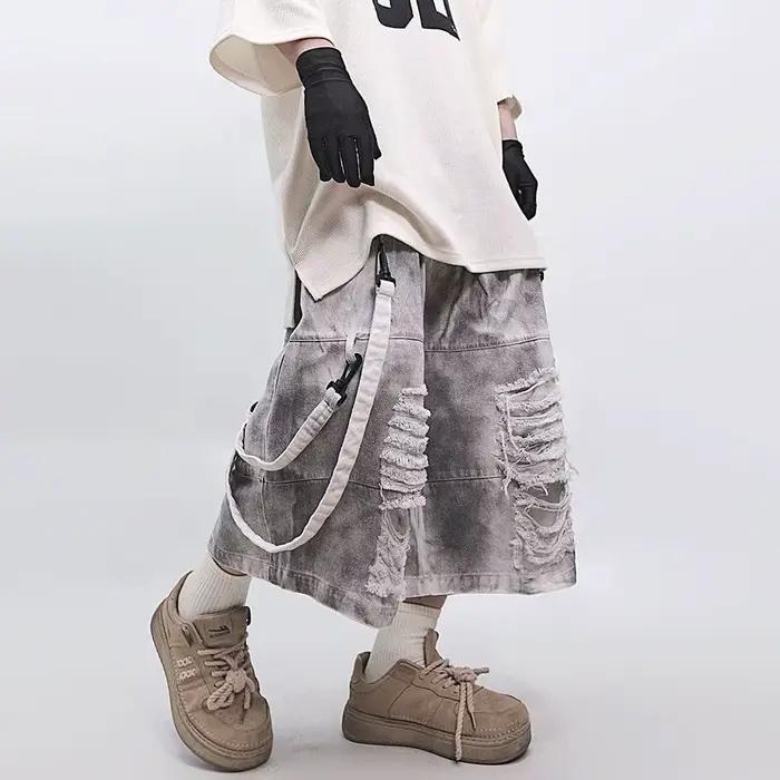 ARENS déchiré trou Denim Shorts hommes Streetwear Hip Hop genou longueur pantalon Harajuku Vintage Baggy décontracté jambe large jean court mâle