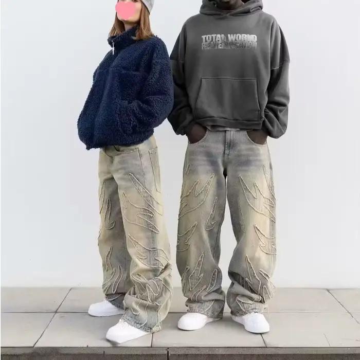 Jean ample Vintage Harajuku brodé de chauve-souris Hommes Style Streetwear Pantalon droit Mode Printemps Automne Denim Délavé Paresseux Occasions Spéciales