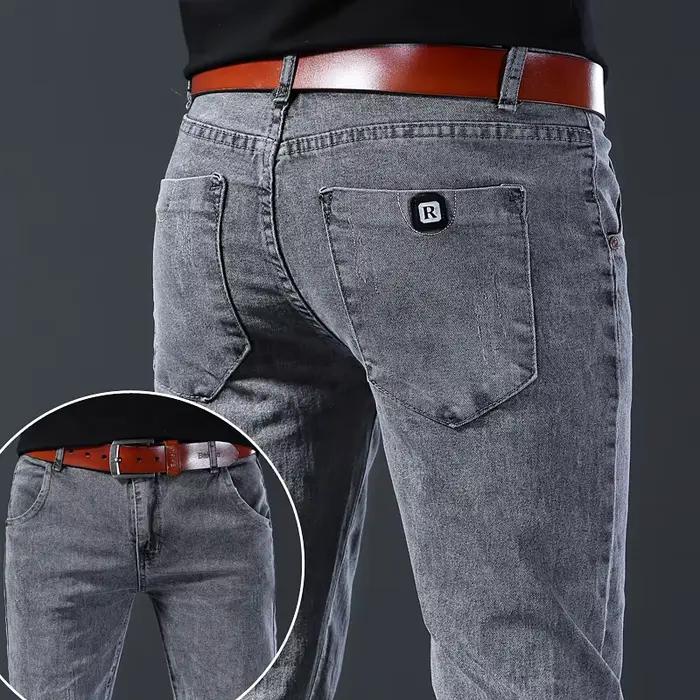 Jean slim gris élastique pour homme – Confort et ventilation – Style européen et américain – Coupe ajustée
