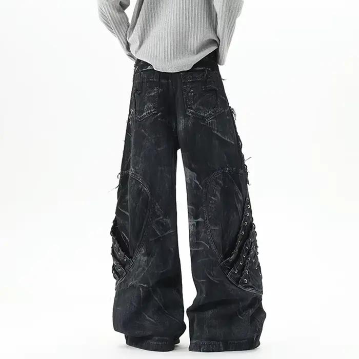 IEFB haute rue hommes Denim pantalon Patchwork contraste couleur cordon bord brut sale-teinture usé mâle jean nouveau 9X1768