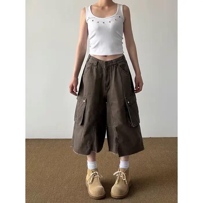 ZHIZOU Short en jean kaki rétro américain pour femme