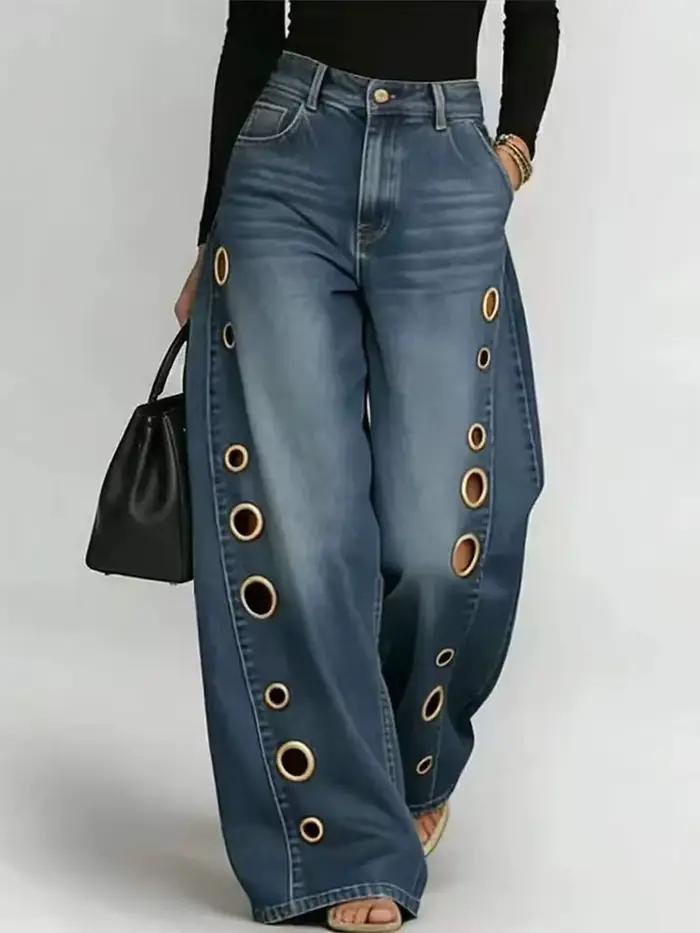 DFCF Jeans Vintage Femme Tendance Décontracté Streetwear Y2K Ample Poches Découpées Pantalon Large 2026 Nouveauté Toutes Saisons