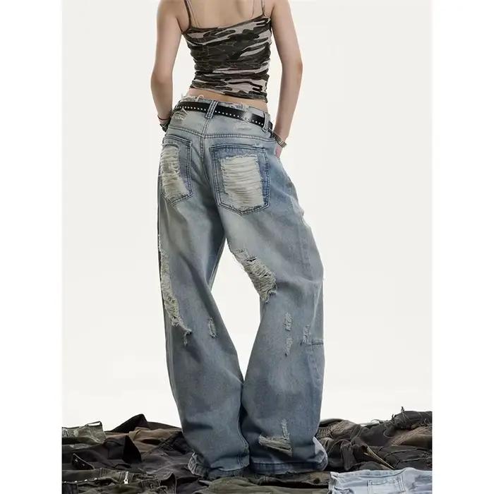 Jeans déchirés vintage pour femmes, style streetwear, pantalon de cow-boy, Harajuku, denim oversize, pantalon à jambes larges, été printemps
