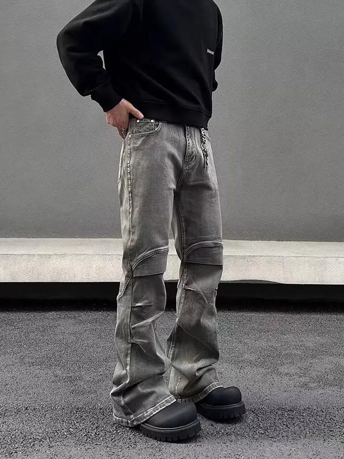 2026 Ropa Y2K Streetwear Vintage Grey Pleated Flare Jeans Pants For Men Designer Clothes Old Harajuku Luxury Goth Long Trousers