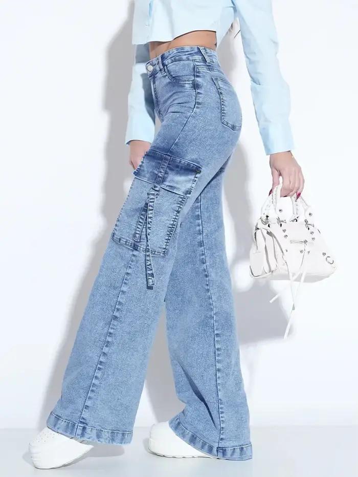 Jean utilitaire délavé pour femme avec plusieurs poches – Pantalon