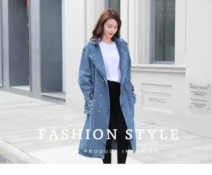 Trench Denim manteau femmes longs manteaux à lacets ceinture taille haute col rabattu Maxi vestes Y2k simple boutonnage élégant automne