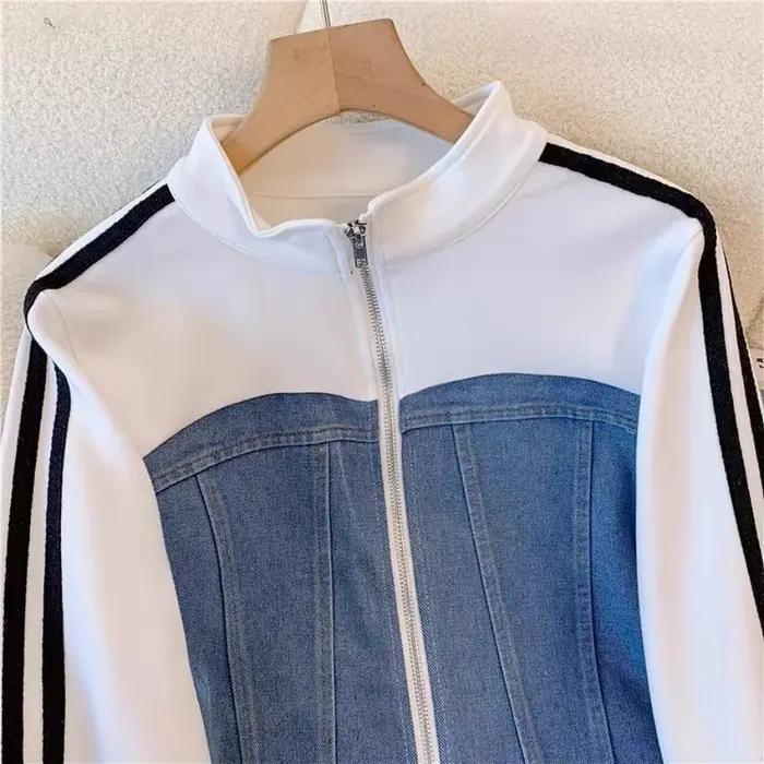 Femmes Denim 2 pièces ensemble rayé longue veste à lacets lavé en détresse jambe large pantalon automne femme 2025 Streetwear ensembles assortis