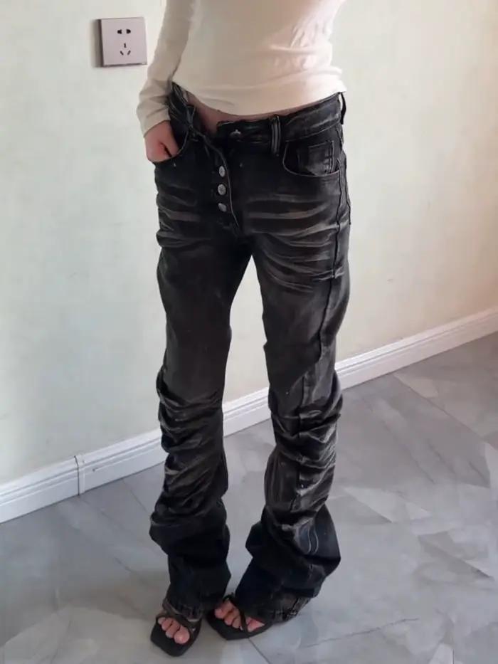 Jeans slim empilés délavés et usés style gothique rétro Y2K
