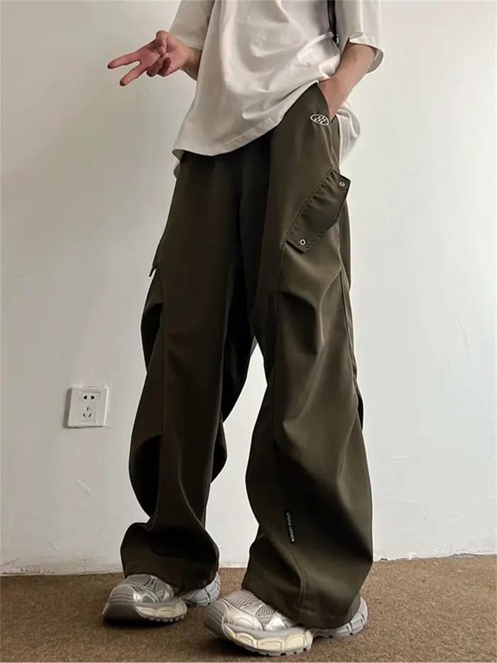Pantalon cargo noir homme ample hip-hop coréen punk style safari plissé polyester drap fin printemps été