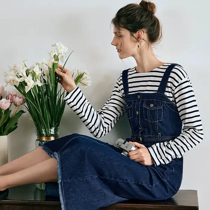 Robes Salopettes en Jean OLrain pour Femme 2026 – Robe Longue Vintage Sans Manches à Col Carré en Coton pour Dames O23QL80258
