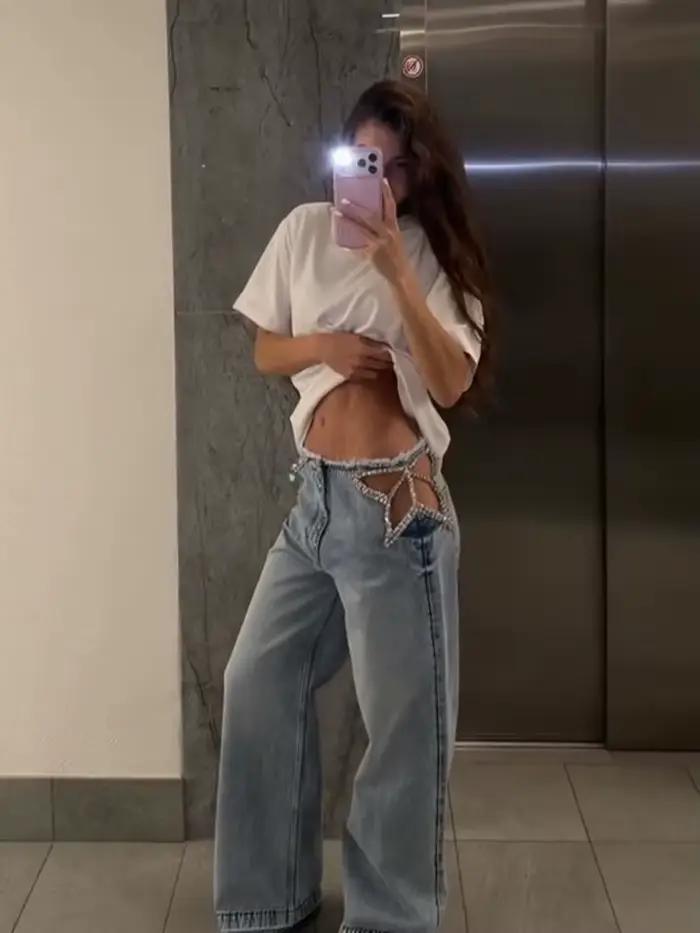 Jeans Y2K à franges en strass pour femmes, taille basse, denim ajouré, style streetwear chic et doux, haute couture printemps été 2026