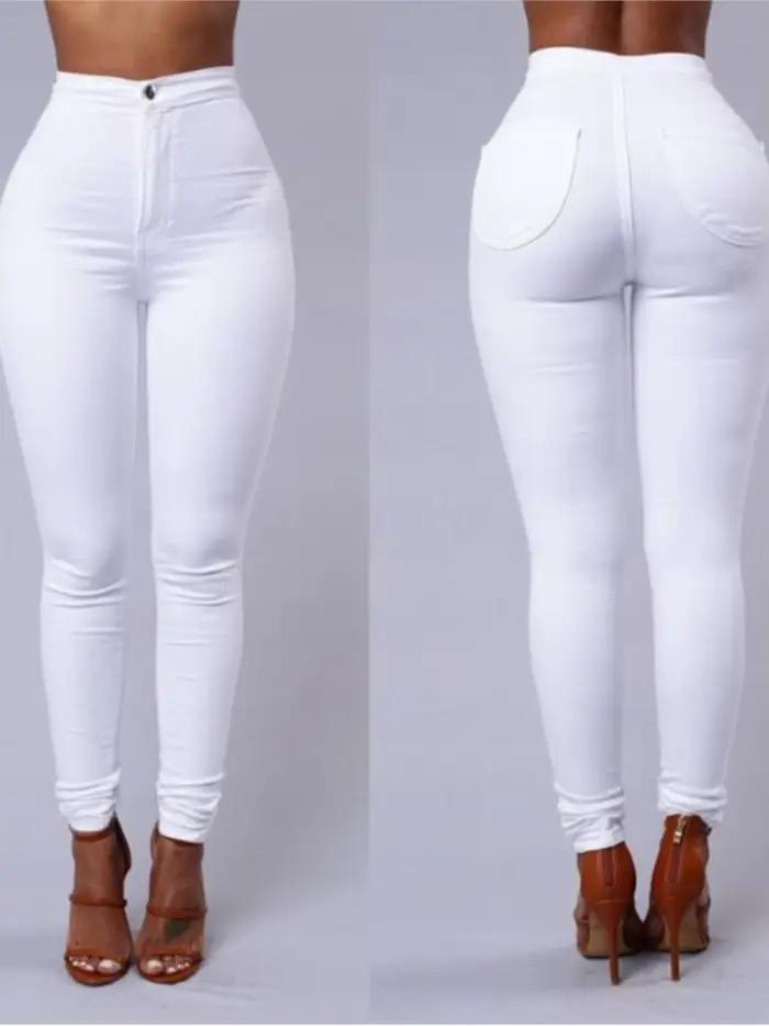 Jean slim femme couleur unie blanc noir taille haute vintage sexy pantalon long décontracté en denim