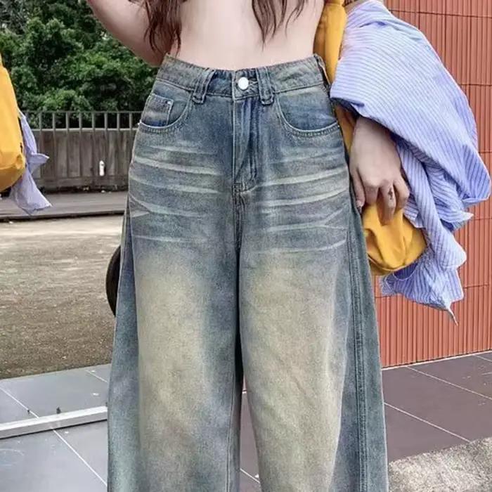 Printemps automne Vintage Chicly bouton Jean femmes américain Simple Baggy taille haute Denim pantalon lavé Y2K jambe