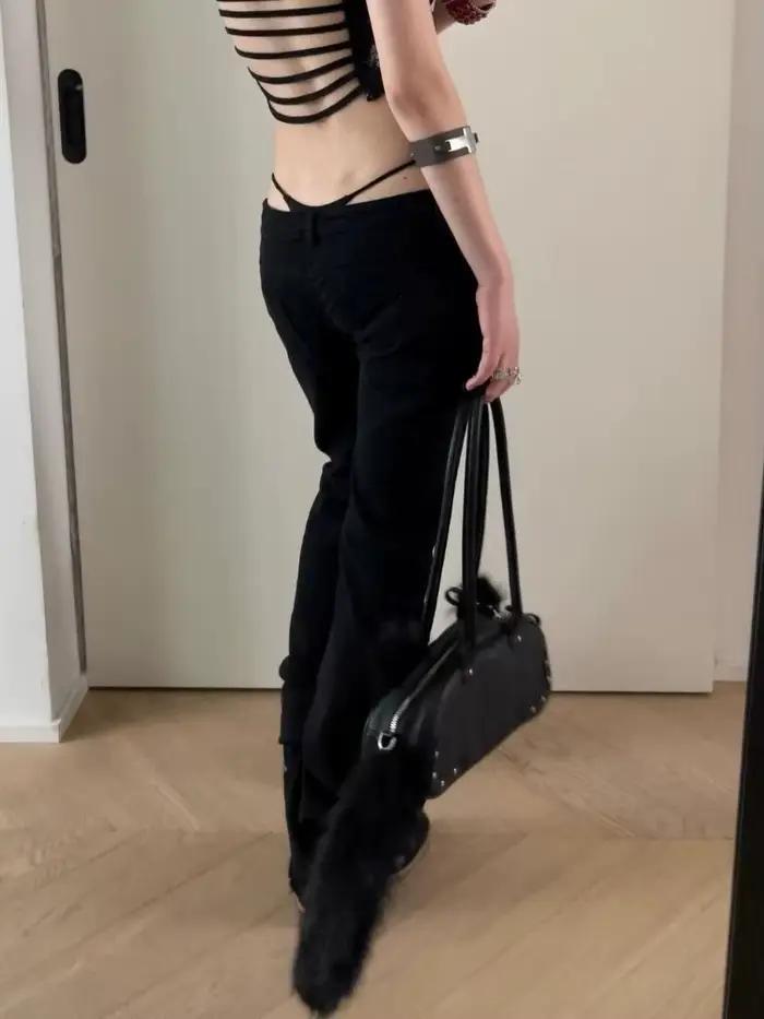 Jean taille basse Gyaru Y2K rétro Cyber Punk trompette en denim noir pour femmes, coupe botte, ajustement régulier, disponible en plusieurs tailles