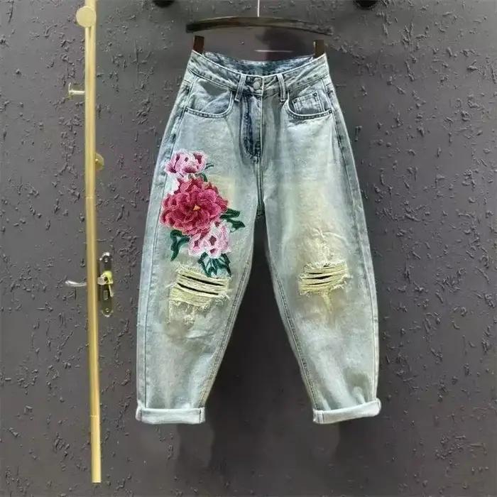 Ethnique amour brodé jean femmes élastique taille haute recadrée sarouel lavé mince été pantalon banlieue XT556