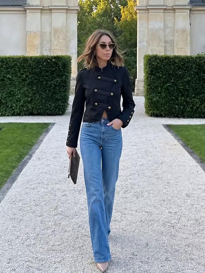 Veste Courte Femme Style Militaire Vintage HH avec Boutons Dorés et Col Montant – Élégante pour Printemps