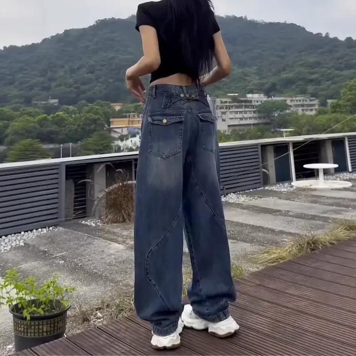 Jean taille haute à jambe large femme style streetwear automne vintage pour silhouette poire confort moderne occassions diverses
