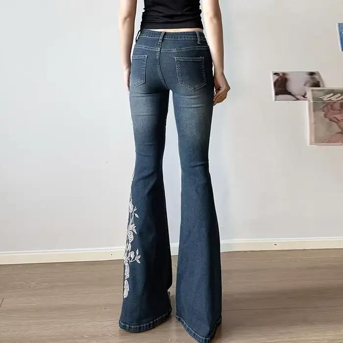 Jeans rétro Y2K, jeans baggy à broderies florales