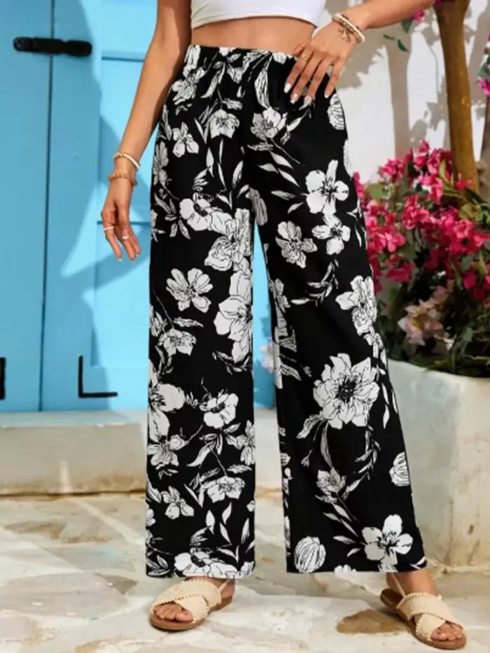Pantalon imprimé Floral taille haute à lacets pour femmes, pantalon décontracté, mode de rue, ample, confortable, jambes larges, printemps
