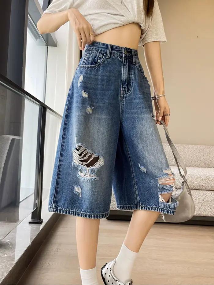 Jean Capri en Denim Déchiré Taille Haute pour Femme, Style Vintage Délavé, Coupe Ample Jambe Large, Jorts Y2K, Streetwear d'Été 2026, Pantalon Décontracté