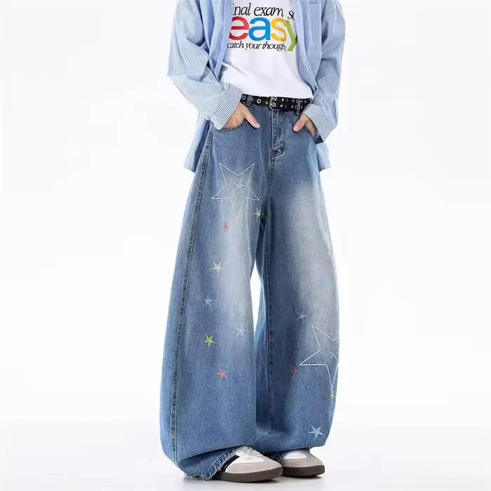 Jean évasé droit brodé étoile d'automne 2025 pour homme Y2K Vintage Streetwear Baggy Denim pantalon Hip Hop Punk mode