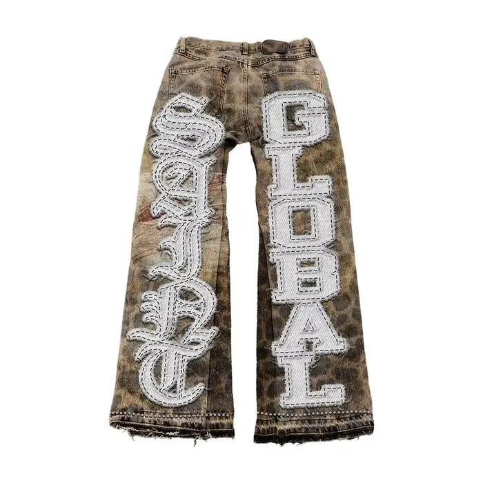 Streetwear Vintage Léopard Camouflage Jeans Y2K Hommes Femmes Hip Hop Lettre Patchwork Broderie Baggy