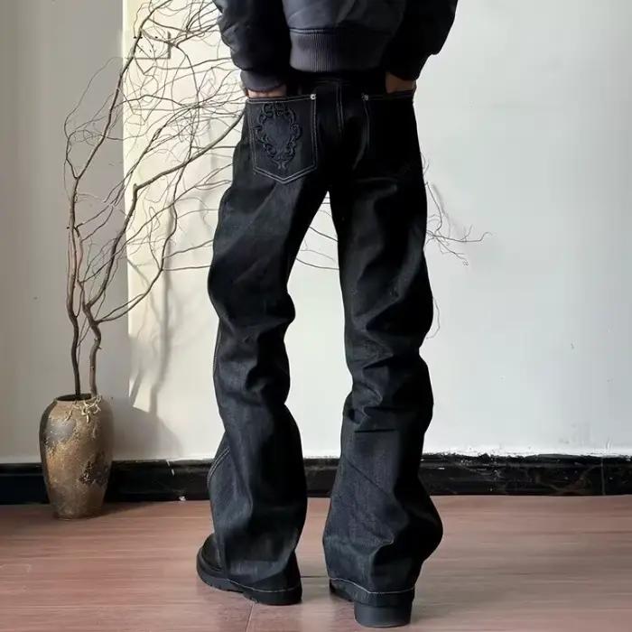 Jean vintage noir décontracté pour homme, coupe ample et jambe large, collection 2026