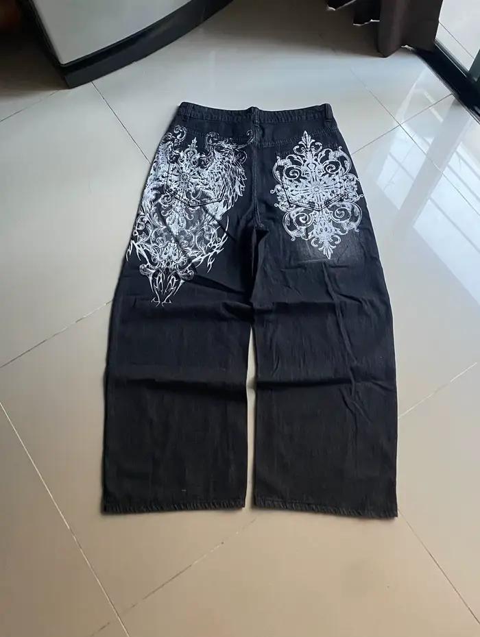 Jeans baggy noirs à imprimé vintage