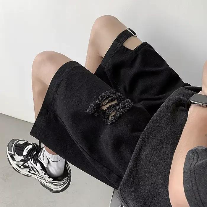 Shorts en jean déchiré délavé pour homme – Coupe ample rétro pour l'été