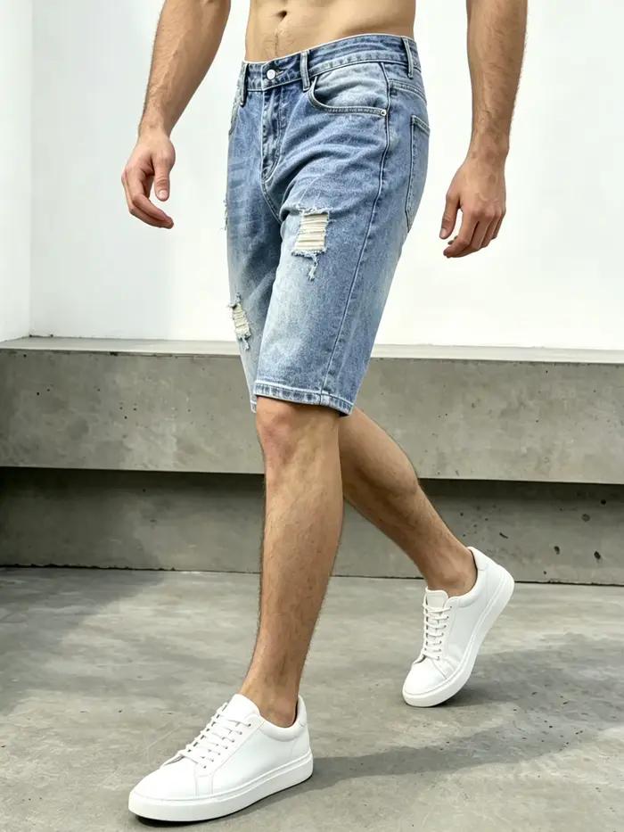 Shorts en jean décontractés pour hommes, délavage clair, déchirés aux genoux