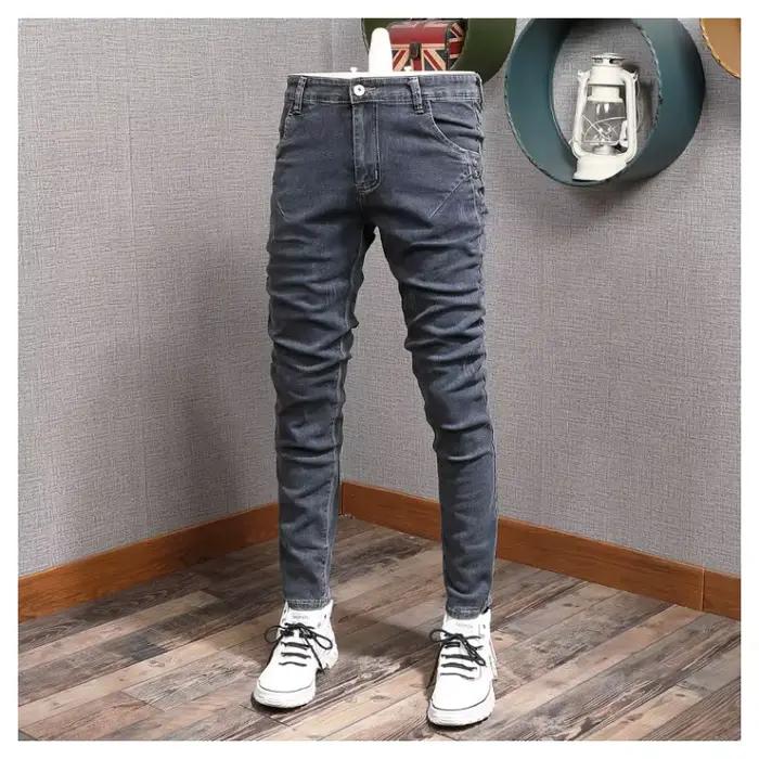 Créateur de mode hommes jean rétro gris Stretch mince déchiré