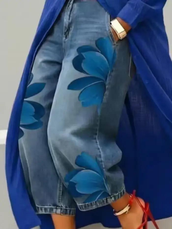 Jean décontracté pour femme à imprimé floral