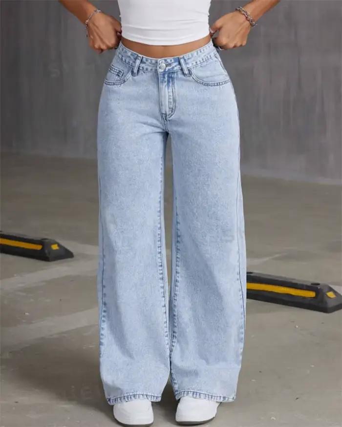 Femmes jambe large petit ami jean droit Hip Hop nœud broderie Denim pantalon taille basse Baggy