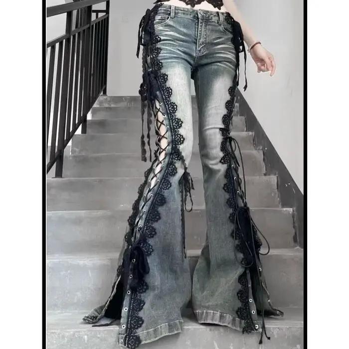 American Retro Lace Strap Slit Denim Bell-bottoms pour femmes