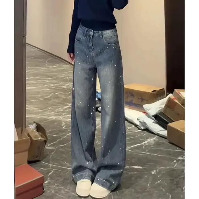 Femmes américaines décontracté jambe large jean automne hiver femme taille haute