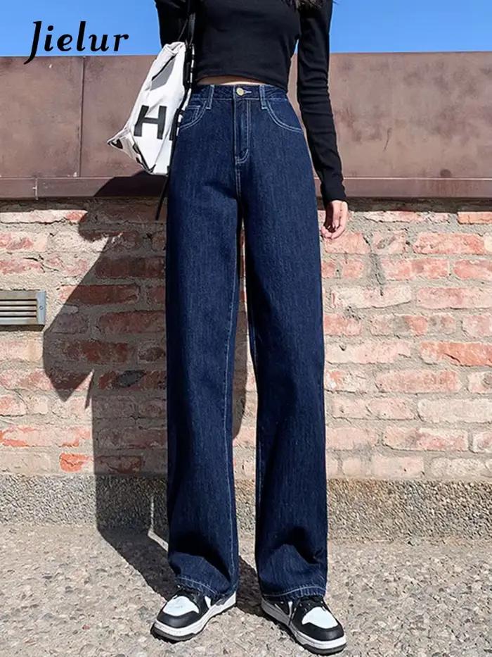 Jielur-Jean Délavé Bleu Foncé pour Femme