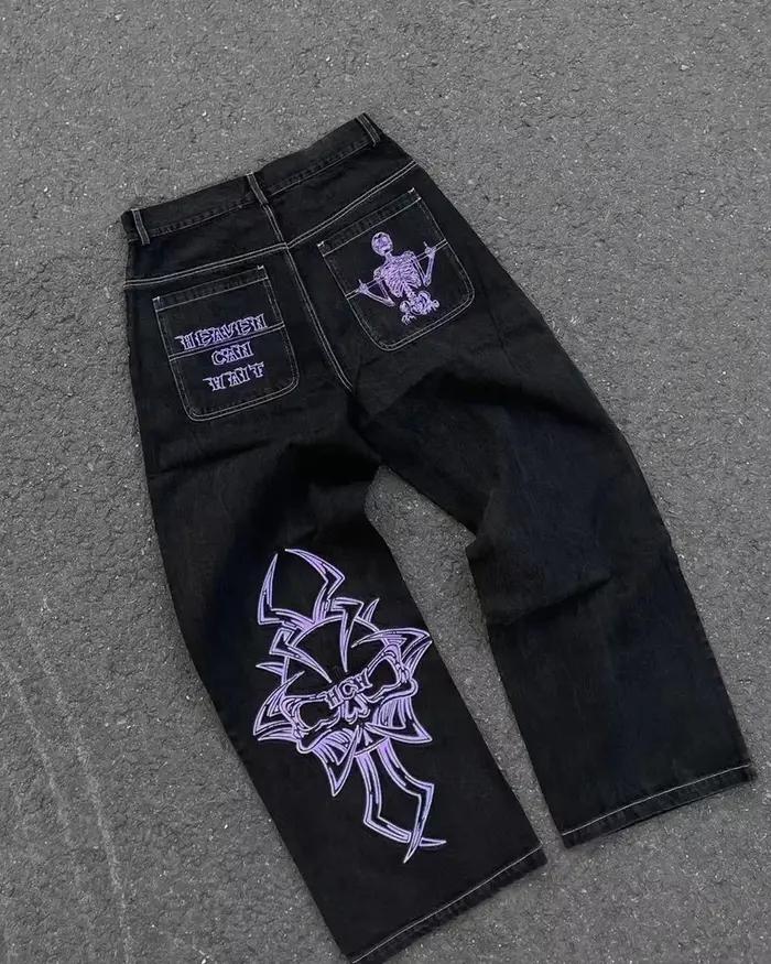 Jean ample brodé lettres style streetwear américain pour homme coupe oversize jeans amples Harajuku Y2K Hip Hop voyage four seasons