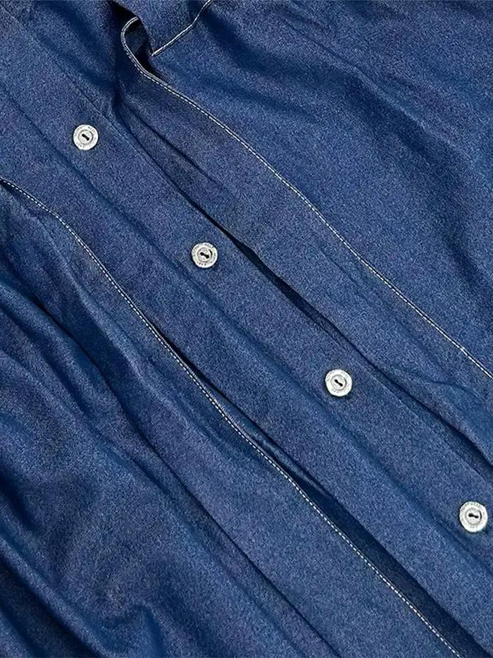 Mode Denim Robe longue pour les femmes à manches longues à lacets taille cintrée simple boutonnage
