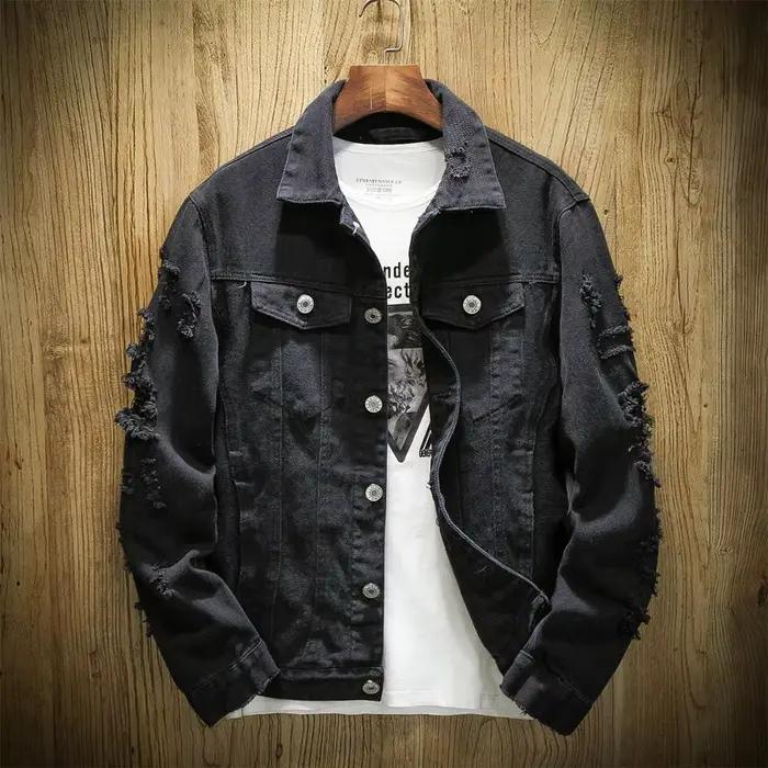 Veste en jean rouge déchirée coupe slim pour hommes polyvalente et durable pour toutes les saisons et occasions