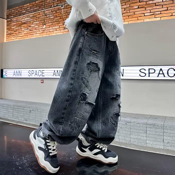 American Kids Vintage Jean Baggy délavé et en détresse pour adolescents High Street Pantalon en Denim déchiré décontracté pour enfants de 5 à 14 ans