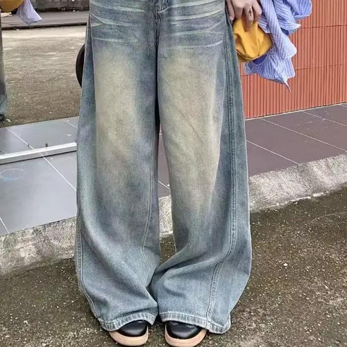 Printemps automne Vintage Chicly bouton Jean femmes américain Simple Baggy taille haute Denim pantalon lavé Y2K jambe