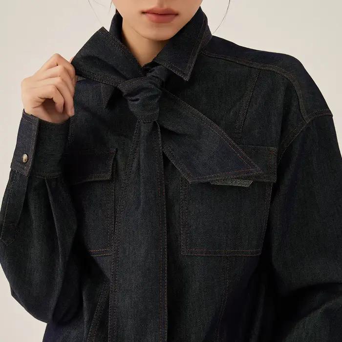 Veste en jean pour femme à manches longues automne conception multi-poches avec détail de nœud vêtements d'extérieur