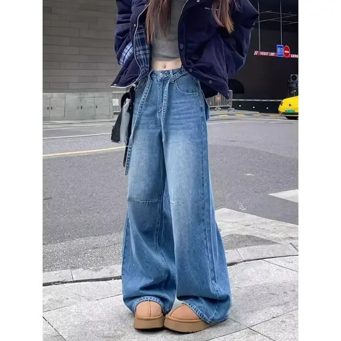 Jeans à jambes larges pour femmes Taille haute avec détail de cordon de serrage Coupe ample