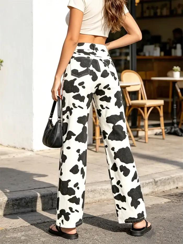 Jeans taille haute à motif de vache pour femmes