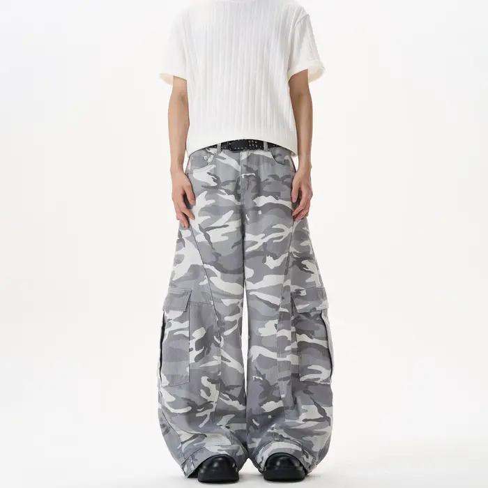 KISKO American High Street Washed Camouflage Wide Leg Knife Edge Jeans Straight Loose Trousers for Men And Women Trendy Brand