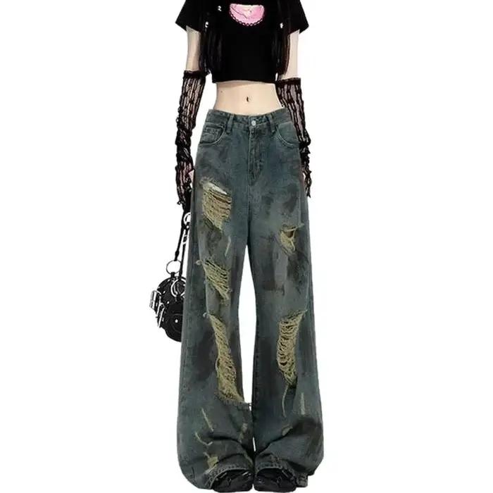 Jean en denim taille haute à jambe large pour femme