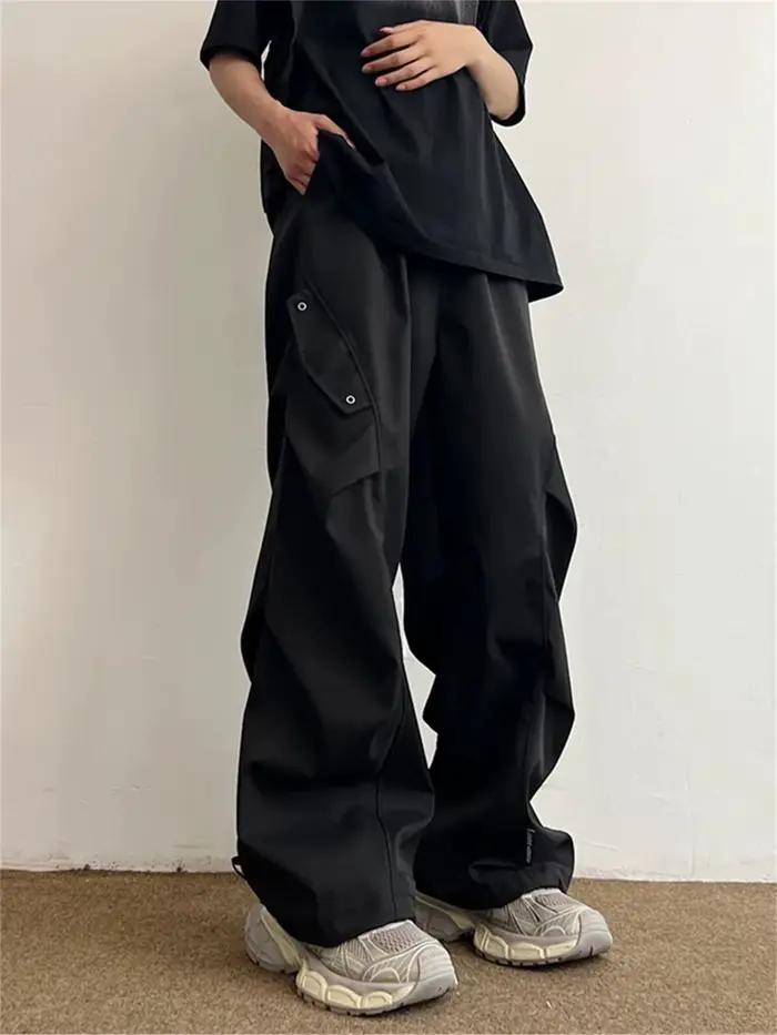 Pantalon cargo noir homme ample hip-hop coréen punk style safari plissé polyester drap fin printemps été