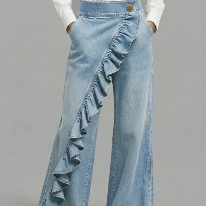 KIDCRKJ Nouveau Jean Américain Printemps 2026 Coupe Ample Irrégulière Taille Haute Évasée à Jambes Larges pour Femme